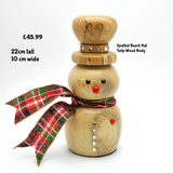 hand turned wooden snowman with bright red nose crystal button tartan ribbon scarf decorative spalted wood hat
