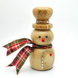 hand turned wooden snowman with bright red nose crystal button tartan ribbon scarf decorative spalted wood hat