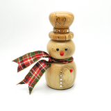 hand turned wooden snowman with bright red nose crystal button tartan ribbon scarf decorative spalted wood hat