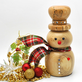hand turned wooden snowman with bright red nose crystal button tartan ribbon scarf decorative spalted wood hat