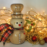 hand turned wooden snowman with bright red nose crystal button tartan ribbon scarf decorative spalted wood hat