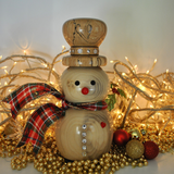 hand turned wooden snowman with bright red nose crystal button tartan ribbon scarf decorative spalted wood hat