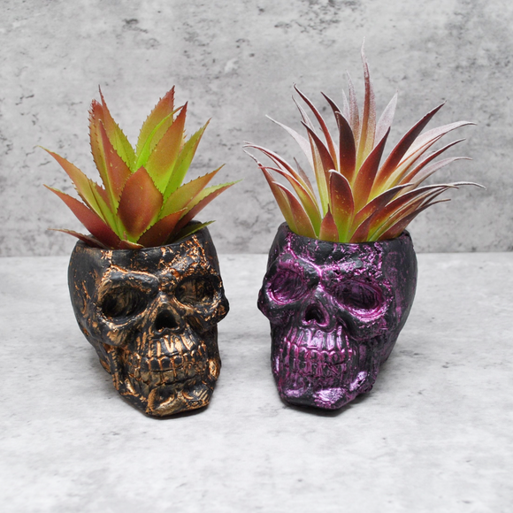 Handmade Skull Planter – Metallic Silver Succulent & Cactus Pot