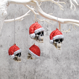 Red Glitter Santa Skull Bauble, Santa Hat Skulls